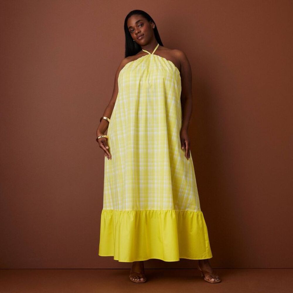 Women's Halter Flounce Gingham Maxi Dress - Rosie Assoulin Yellow 2X